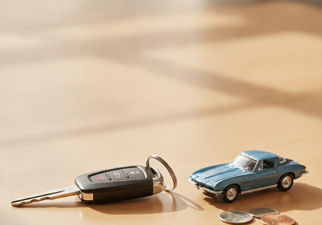 Car keys on a clean desk beside a die-cast model car and coins in warm daylight